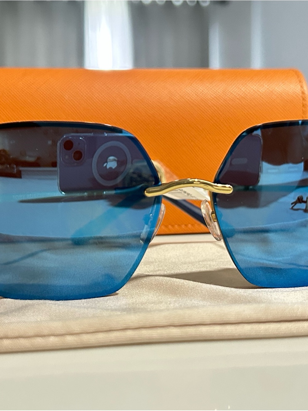 Tory Burch Blue Gradient Rimless Sunglasses with Gold Bridge